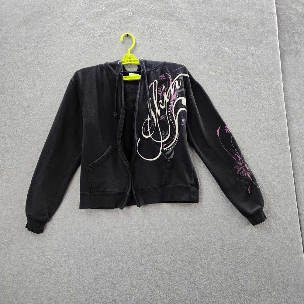 Skin Industries Women Hoodie M Black Y2K Fleece Floral Scroll Full‎ Zip READ